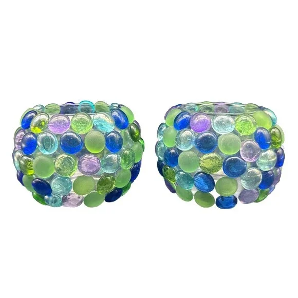 VTG Libbey PURPLE BLUE GREEN Decorative Stones On Glass Candle Votive Holders-2 - Picture 1 of 10